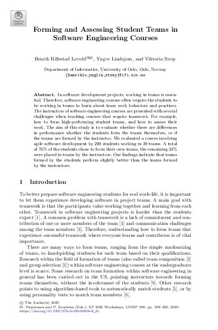 (PDF) Forming and Assessing Student Teams in Software Engineering Courses