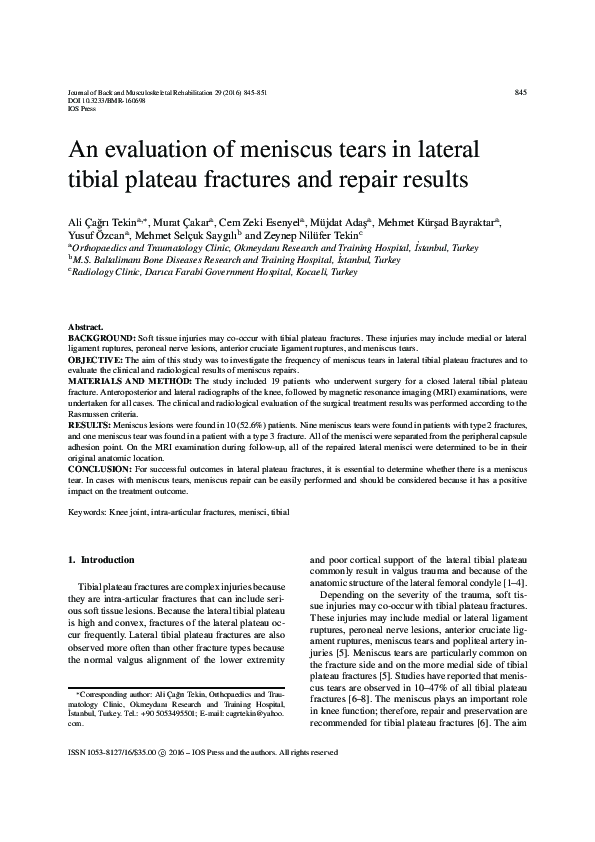 (PDF) An evaluation of meniscus tears in lateral tibial plateau ...