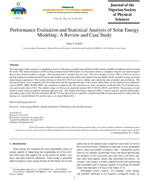 (PDF) Performance Evaluation and Statistical Analysis of Solar Energy ...