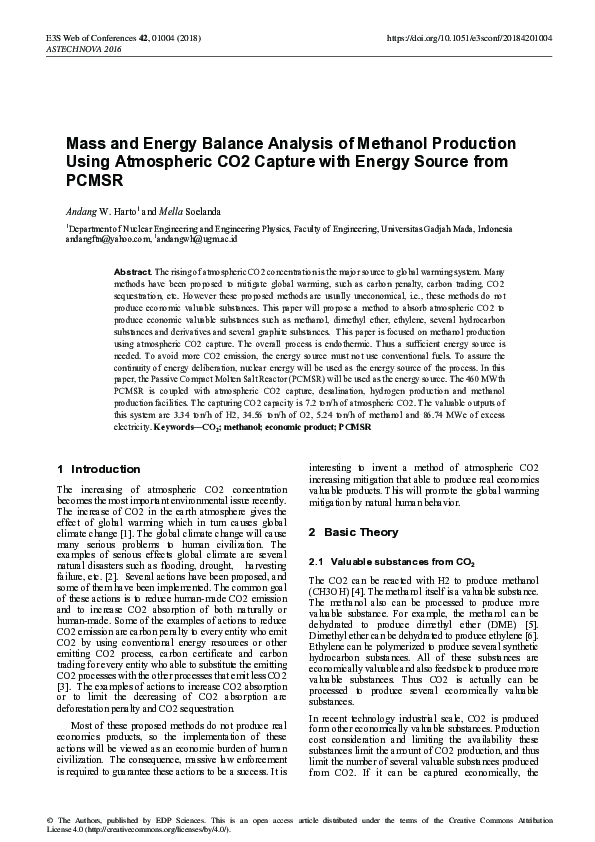 (PDF) Mass and Energy Balance Analysis of Methanol Production Using ...