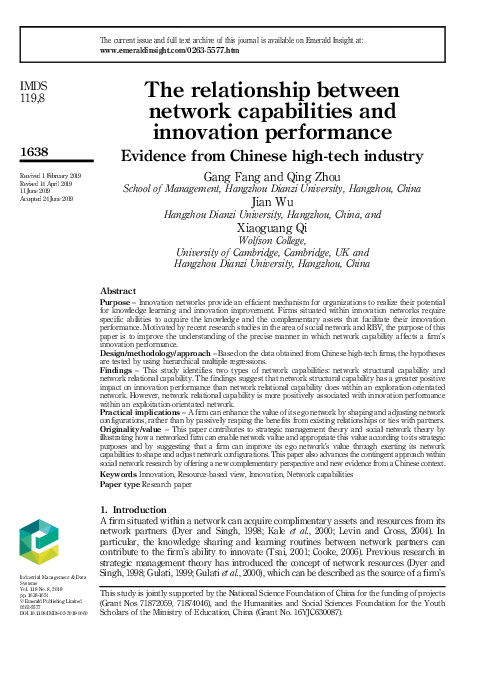 (PDF) The relationship between network capabilities and innovation ...
