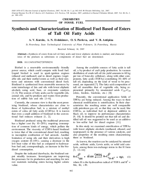 (PDF) Synthesis and characterization of biodiesel fuel based of esters of tall oil fatty acids