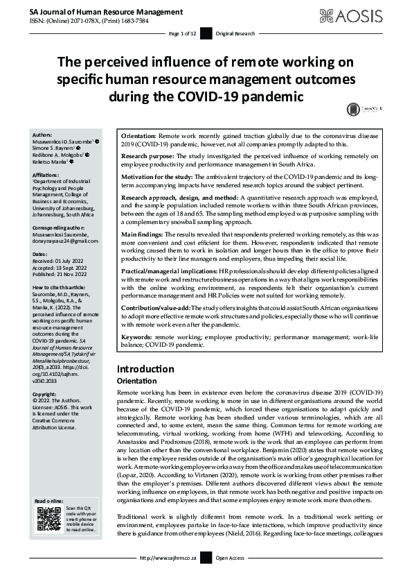 (PDF) The perceived influence of remote working on specific human ...