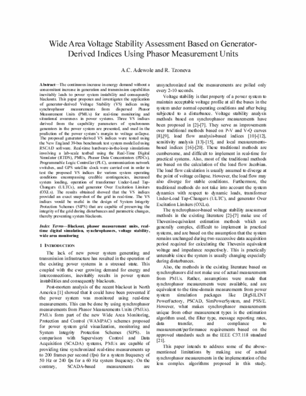 (PDF) Wide area Voltage Stability assessment based on generator-derived ...