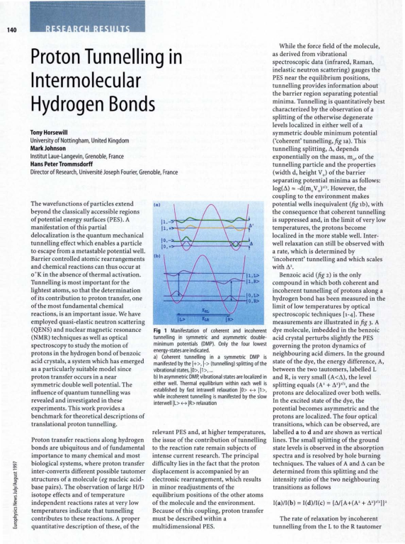 (PDF) Proton Tunnelling in Intermolecular Hydrogen Bonds
