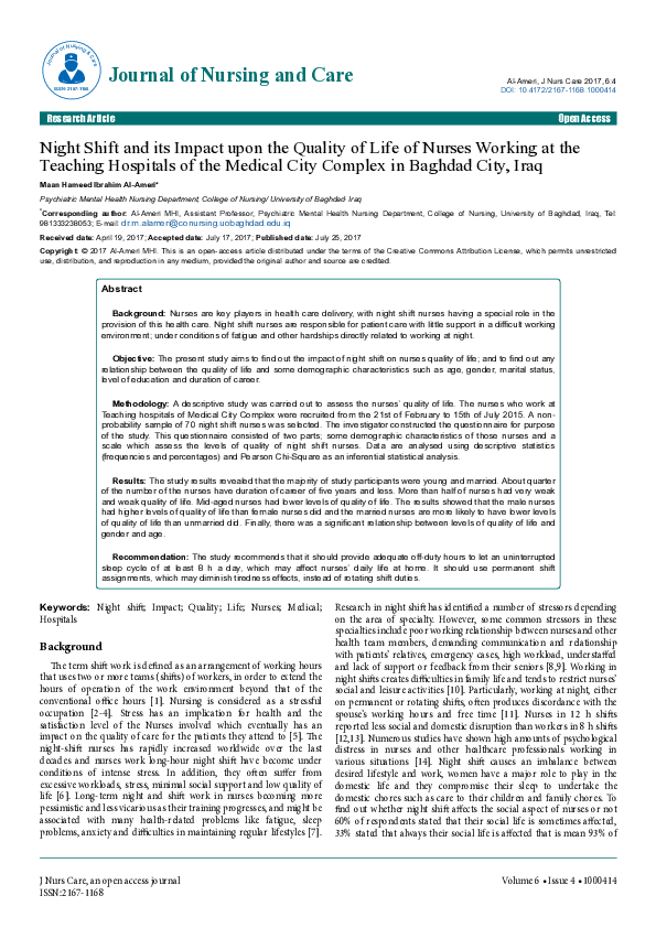 (PDF) Night Shift and its Impact upon the Quality of Life of Nurses ...