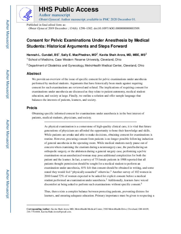 (PDF) Consent for Pelvic Examinations Under Anesthesia by Medical