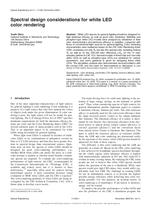 (PDF) Spectral design considerations for white LED color rendering