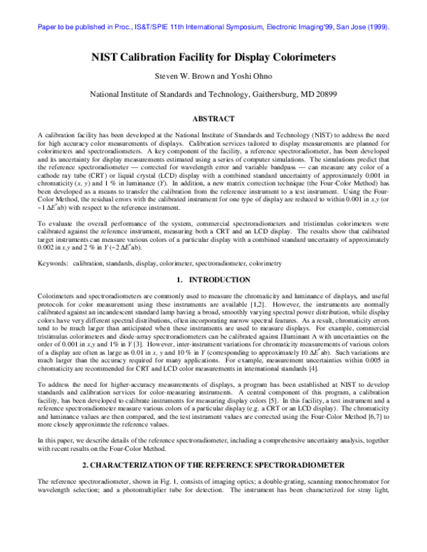(PDF) NIST calibration facility for display colorimeters Yoshi Ohno