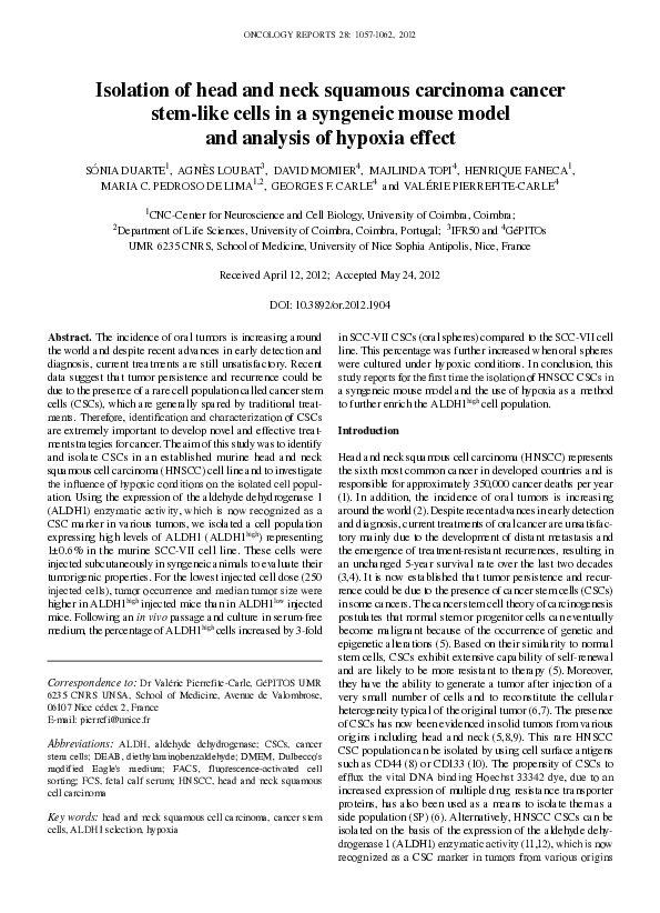 (PDF) Isolation of head and neck squamous carcinoma cancer stem-like ...