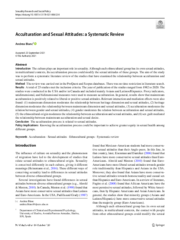 (PDF) Acculturation and Sexual Attitudes: a Systematic Review