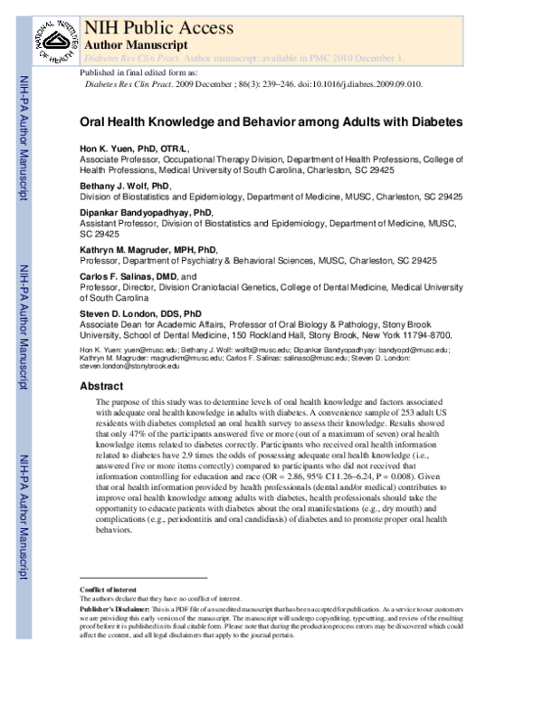 (PDF) Oral health knowledge and behavior among adults with diabetes