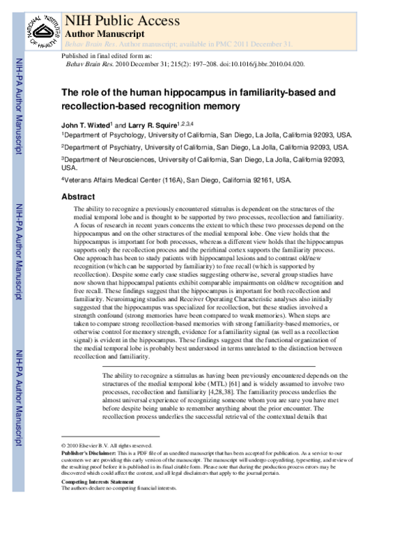 (PDF) The role of the human hippocampus in familiarity-based and ...