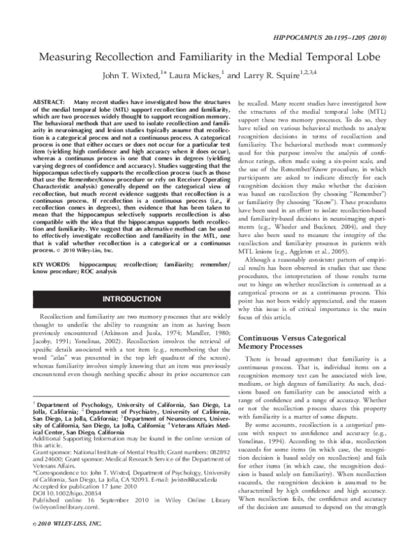 (PDF) Measuring recollection and familiarity in the medial temporal lobe