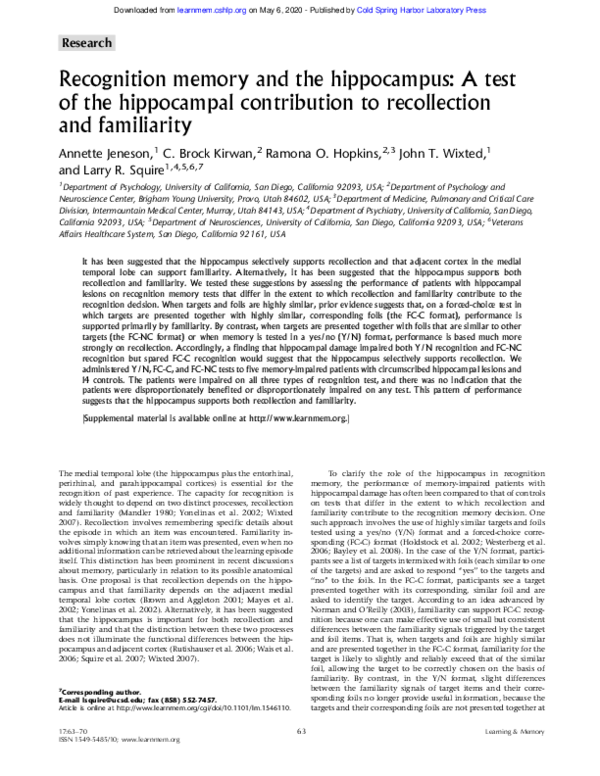 (PDF) Recognition memory and the hippocampus: A test of the hippocampal ...