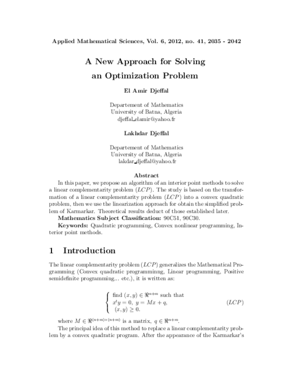 (PDF) A New Approach for Solving an Optimization Problem