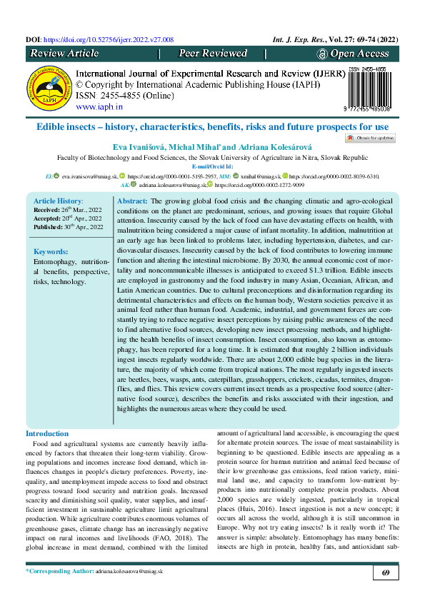 (PDF) Edible insects – history, characteristics, benefits, risks and ...