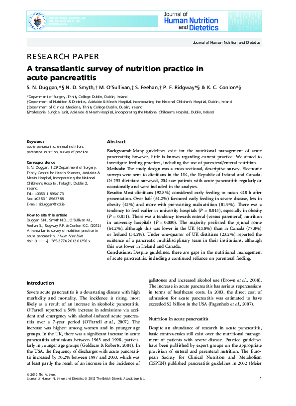 (PDF) A transatlantic survey of nutrition practice in acute pancreatitis