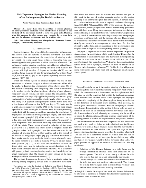 (PDF) Task-Dependent Synergies for Motion Planning of an ...