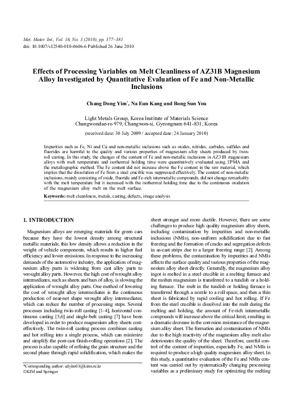 (PDF) Effects of processing variables on melt cleanliness of AZ31B ...