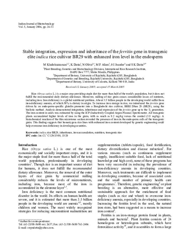 (PDF) Stable integration, expression and inheritance of the ferritin ...