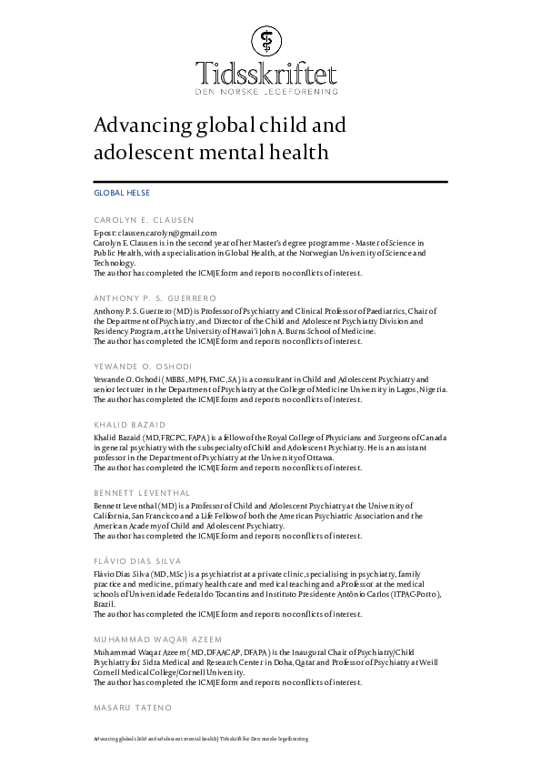 (PDF) Advancing global child and adolescent mental health