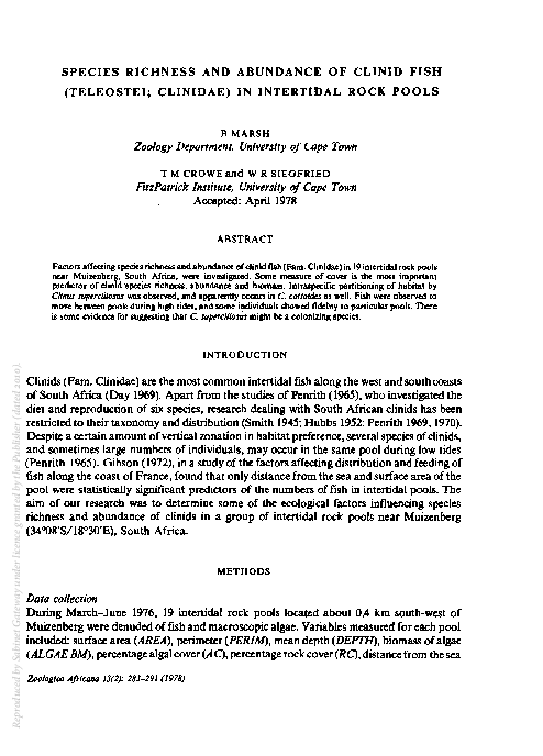 (PDF) Species Richness and Abundance of Clinid Fish (Teleostei ...