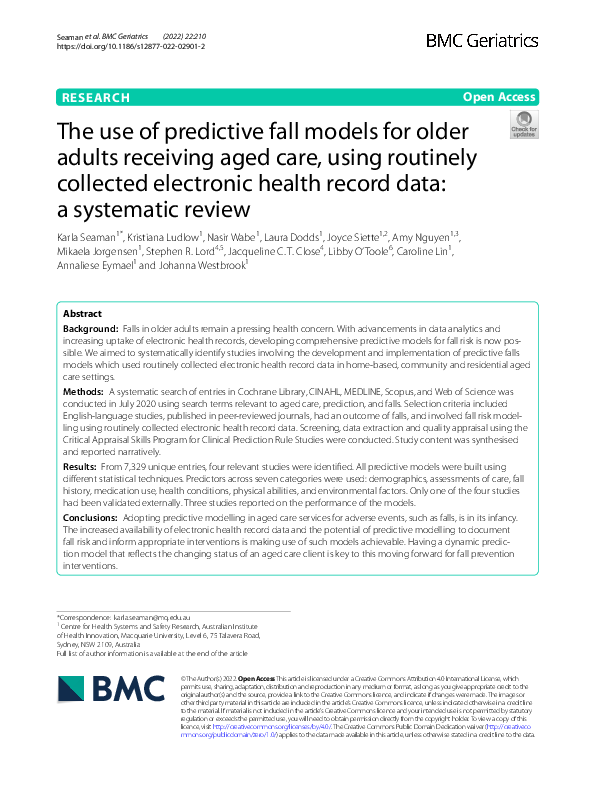 (PDF) The use of predictive fall models for older adults receiving aged ...