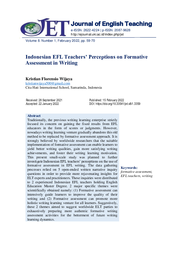 (PDF) Indonesian EFL Teachers' Perceptions on Formative Assessment in ...