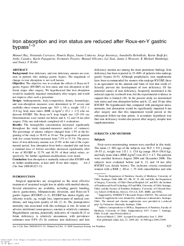 (PDF) Iron absorption and iron status are reduced after Roux-en-Y ...