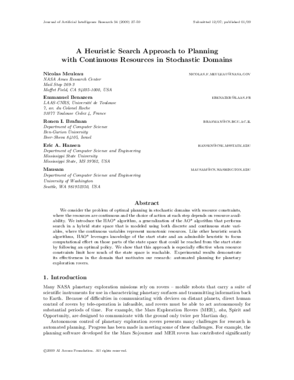 (PDF) A Heuristic Search Approach to Planning with Continuous Resources ...