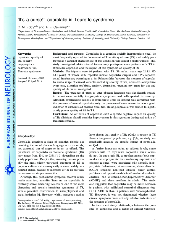 (PDF) ‘It's a curse!’: coprolalia in Tourette syndrome