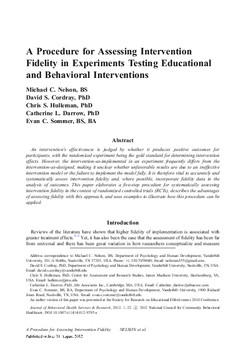 (PDF) A Procedure for Assessing Intervention Fidelity in Experiments ...