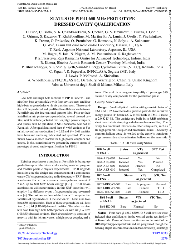 (PDF) Status of Pip-II 650 MHZ Prototype Dressed Cavity Qualification