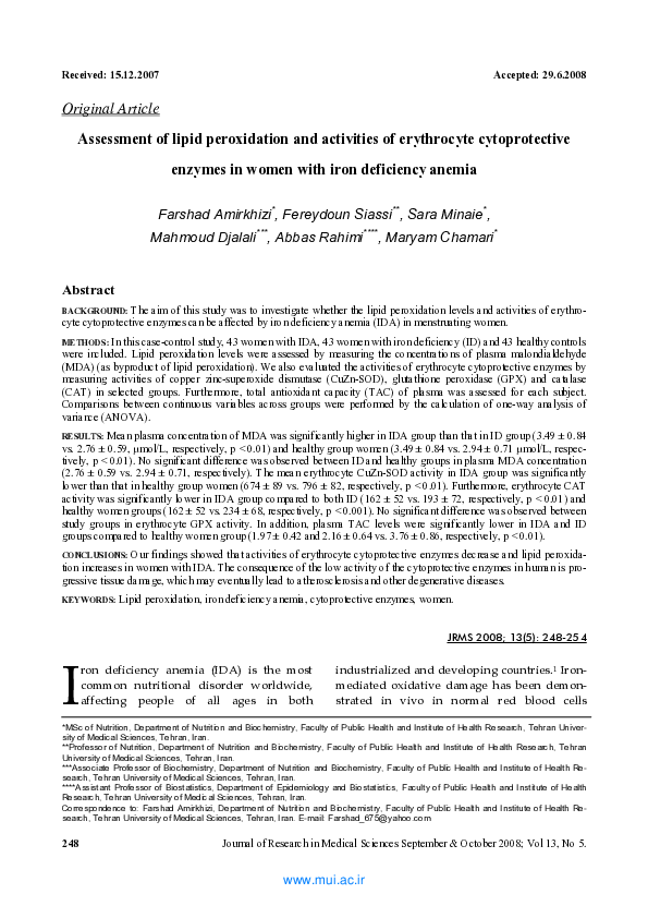 (PDF) Assessment of lipid peroxidation and activities of erythrocyte ...