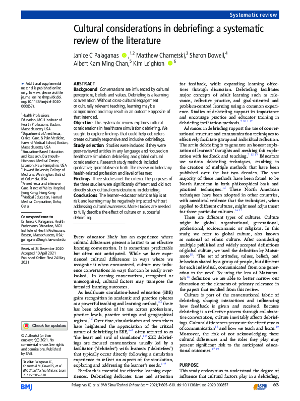 (PDF) Cultural considerations in debriefing: a systematic review of the ...