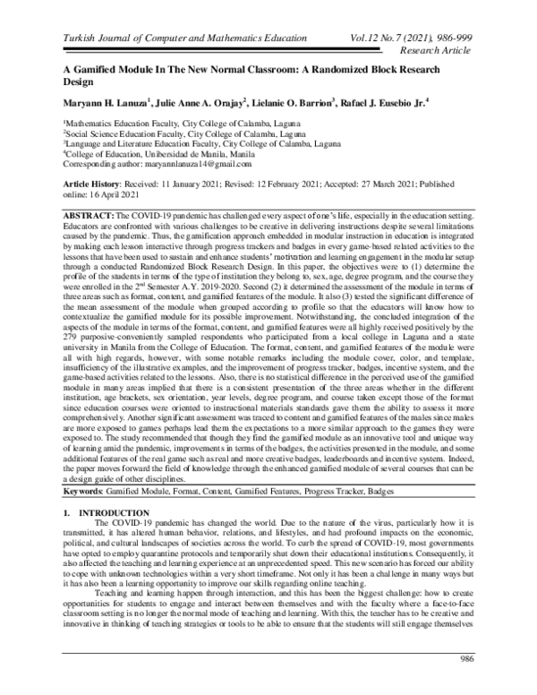 (PDF) A gamified module in the new normal classroom: A randomized block ...