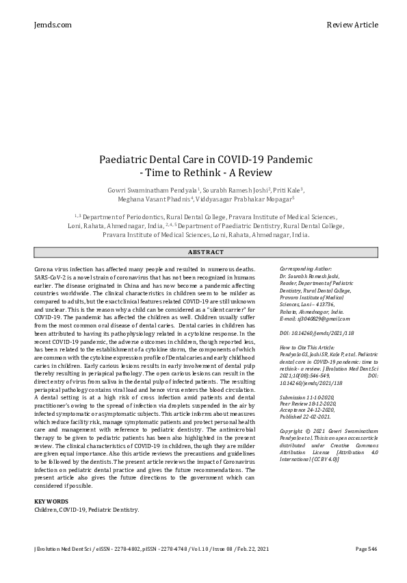 (PDF) Paediatric Dental Care in COVID-19 Pandemic - Time to Rethink - A ...