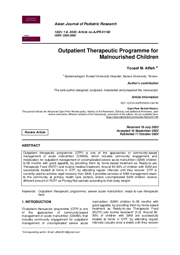 (PDF) Outpatient Therapeutic Programme for Malnourished Children