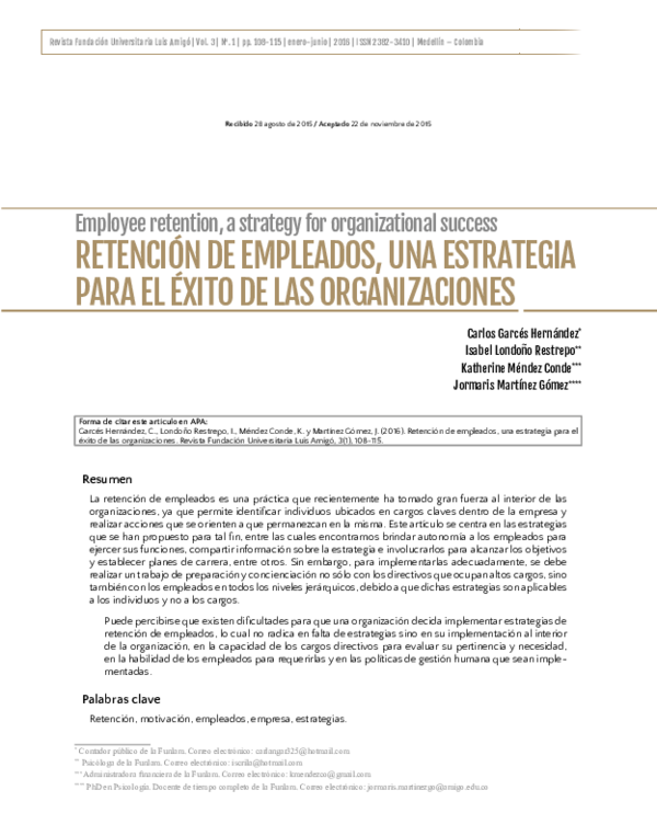 Pdf Retención De Empleados Una Estrategia Para El éxito De Las