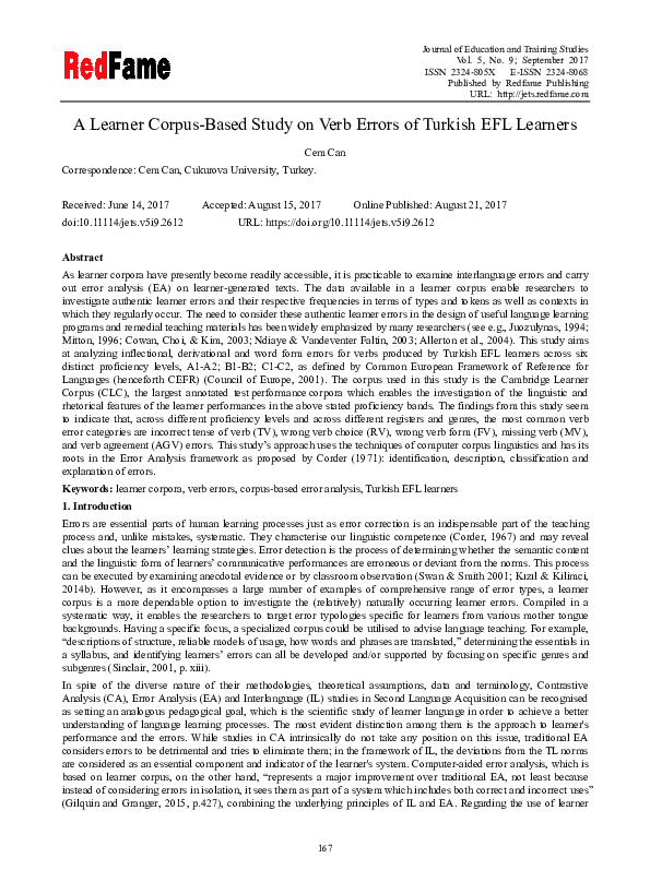 (PDF) A Learner Corpus-Based Study on Verb Errors of Turkish EFL Learners