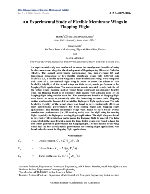 (PDF) An Experimental Study of Flexible Membrane Wings in Flapping Flight