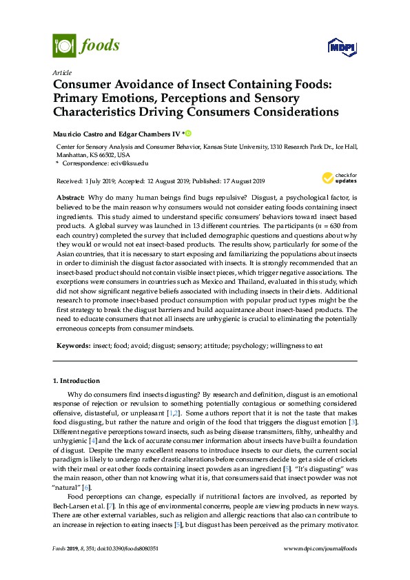 (PDF) Consumer Avoidance of Insect Containing Foods: Primary Emotions ...