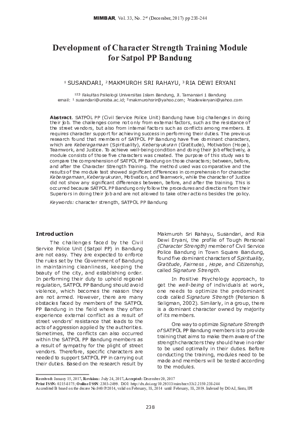 (PDF) Development Of Character Strength Training Module For Satpol Pp ...