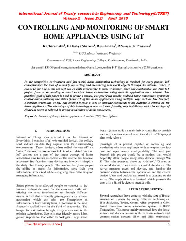 (PDF) CONTROLLING AND MONITORING OF SMART HOME APPLIANCES USING IoT