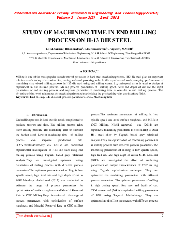 (PDF) STUDY OF MACHINING TIME IN END MILLING PROCESS ON H-13 DIE STEEL