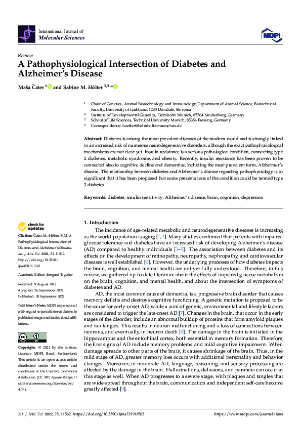 (PDF) A Pathophysiological Intersection of Diabetes and Alzheimer’s Disease