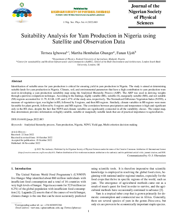 (PDF) Suitability Analysis for Yam Production in Nigeria using ...