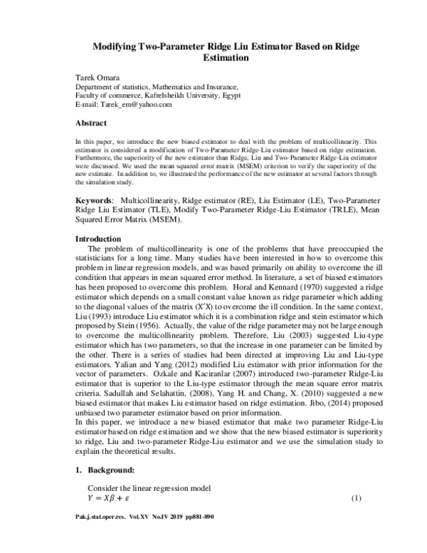 (PDF) Modifying Two-Parameter Ridge Liu Estimator Based on Ridge Estimation