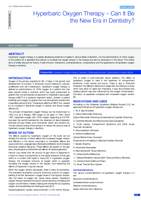 (PDF) Hyperbaric oxygen therapy - can it be the new era in dentistry?